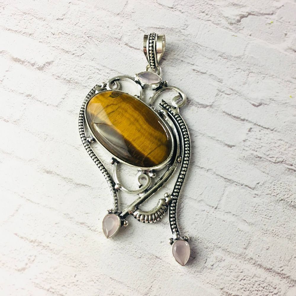 Tigers Eye Gemstone Silver Large Statement Pendant